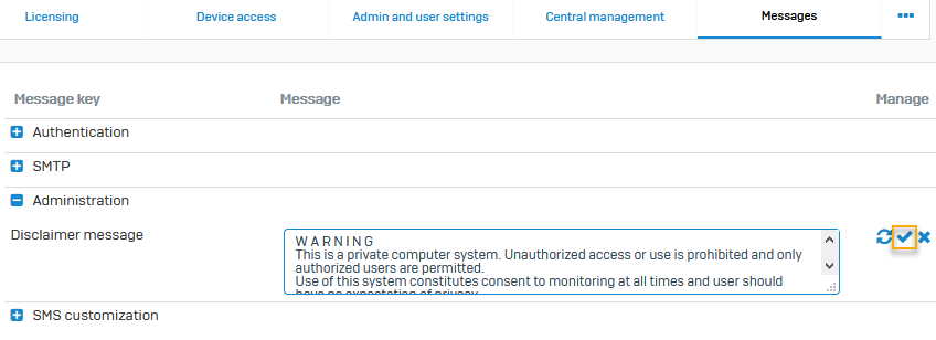 Administration section showing where to edit disclaimer message.