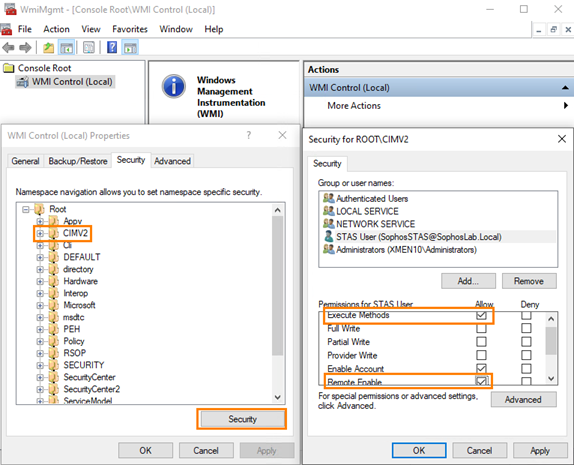 WMI management window showing security permissions.