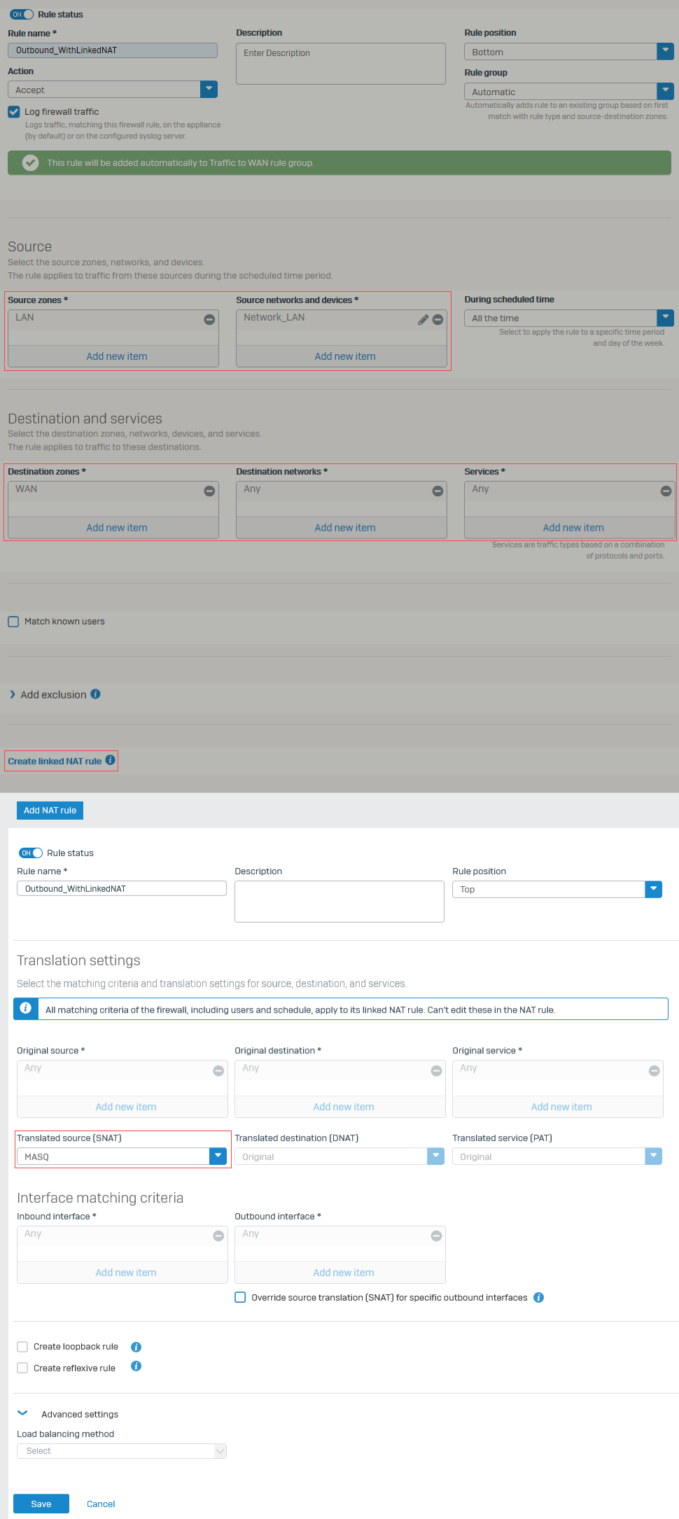 Firewall rule with linked NAT rule.