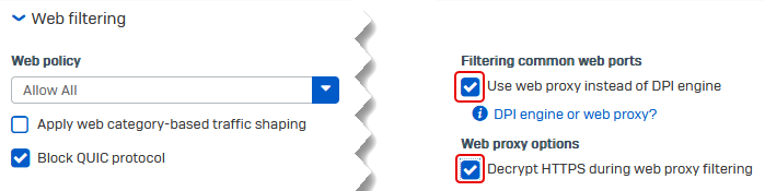 Firewall rule's web proxy and decryption settings.