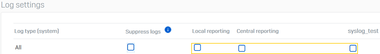 Select the log types under Local, Central reporting, and syslog servers.