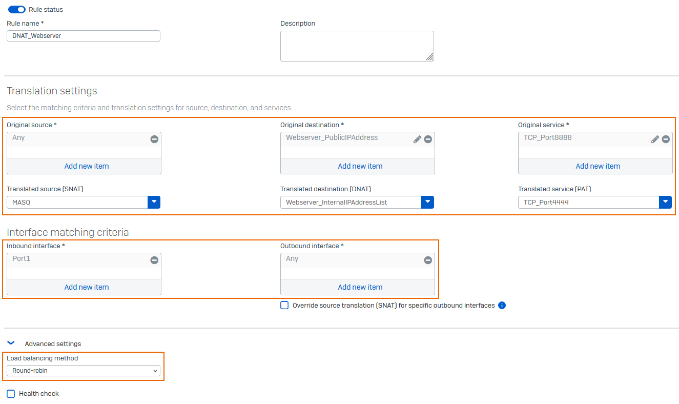 DNAT rule settings.