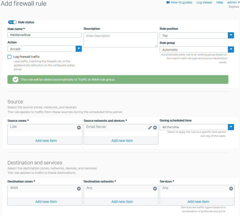 Firewall rule settings.
