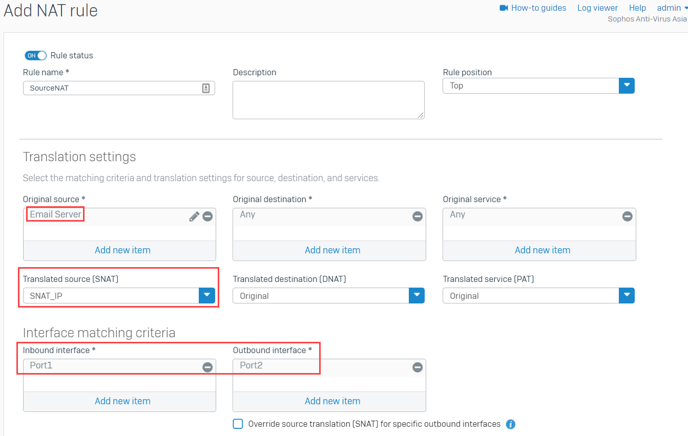 NAT rule settings.