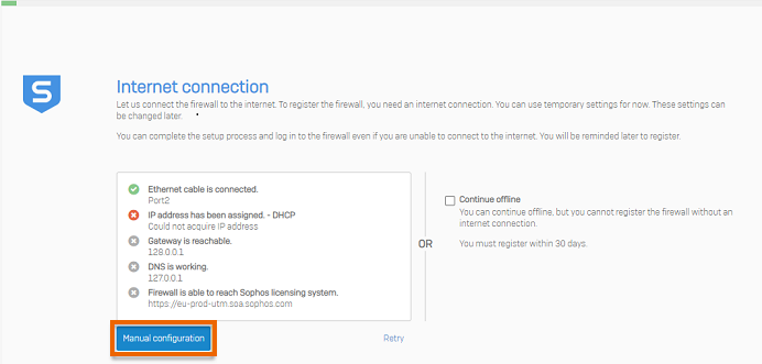 Internet connection screen with manual configuration button.