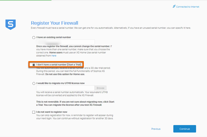 Screenshot showing where you get a temporary serial number.