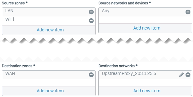 Firewall rule to allow LAN and Wi-Fi traffic to upstream proxy in WAN.