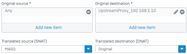 Source NAT rule to translate traffic from internal network to upstream proxy.