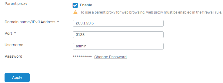 Example settings to add a proxy server.