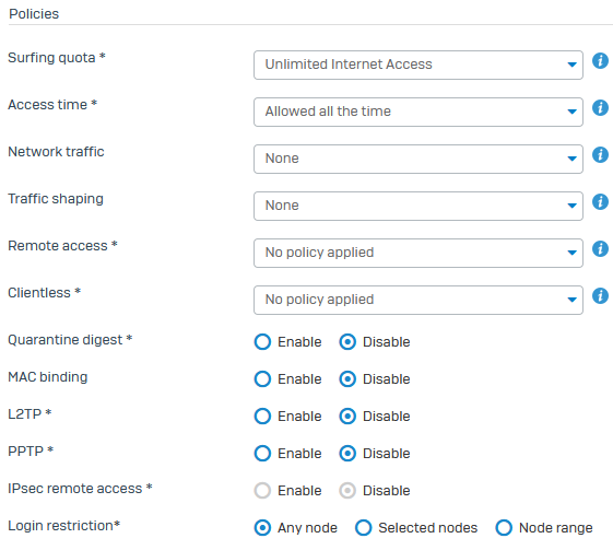 Sophos Connect group authentication settings.