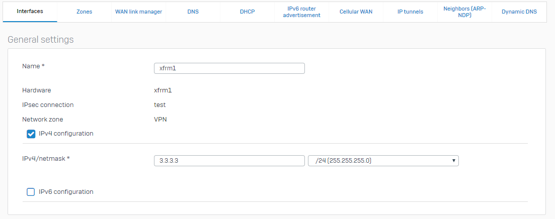 Assign an IP address and subnet mask to the xfrm interface.