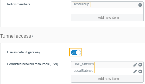 Specify policy members and permitted network resources.