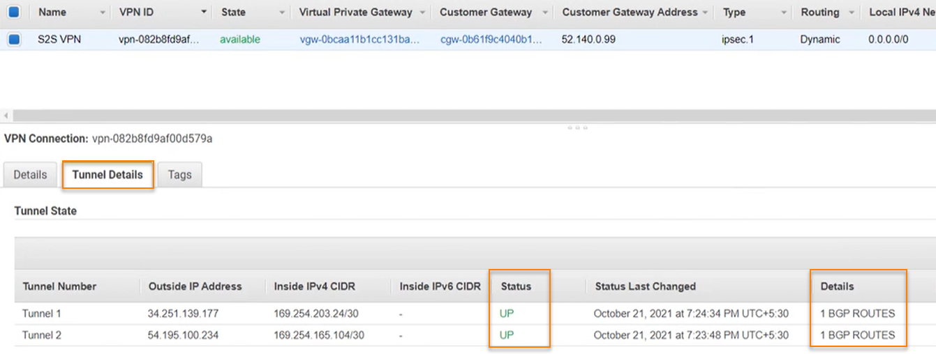 VPC console tunnel details.