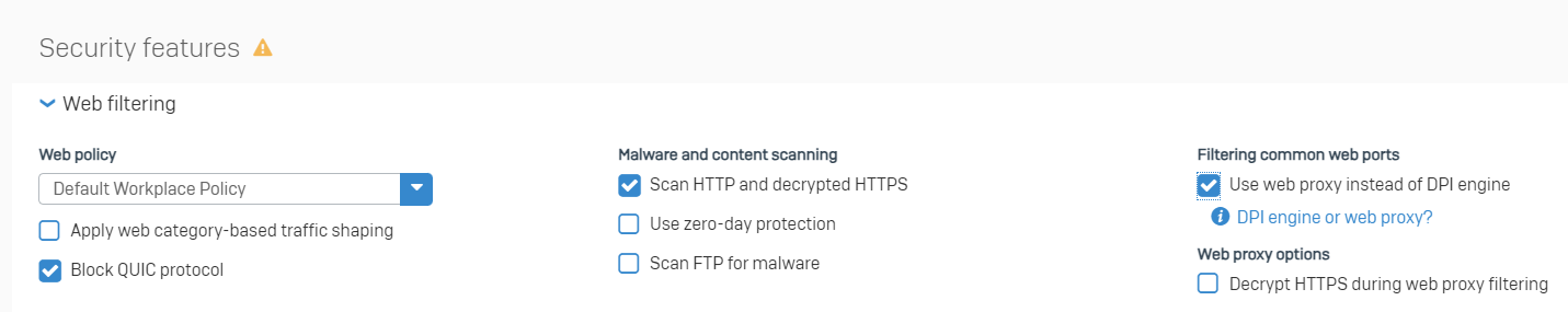 Web filtering settings.