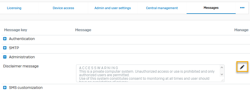 Administration section showing where to edit disclaimer message.