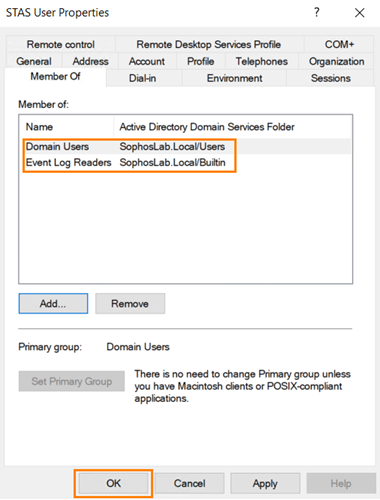 STAS user properties showing group membership.