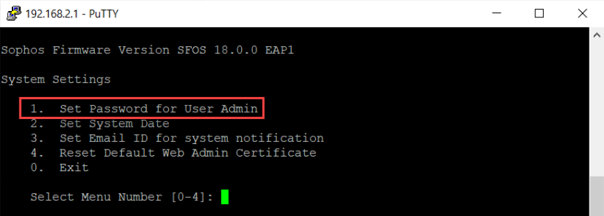CLI option Set Password for User Admin.