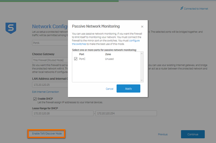 Screenshot showing where to enable TAP/Discover mode, and the passive network monitoring screen.