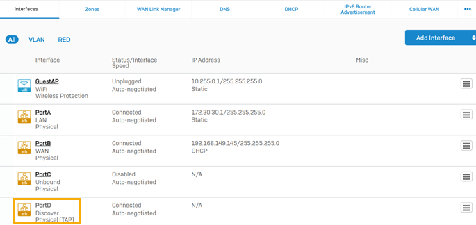 Interfaces page showing port D.
