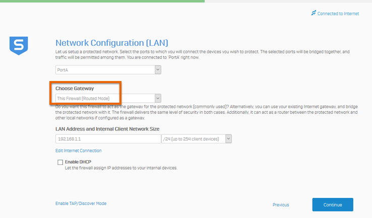 Network configuration screen where you can choose gateway mode.