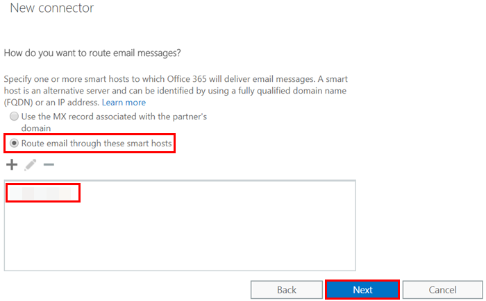Routing settings for new connector in Exchange.
