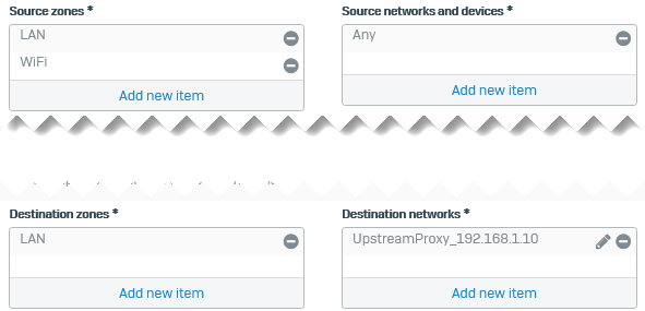Firewall rule to allow LAN and Wi-Fi traffic to upstream proxy in LAN.