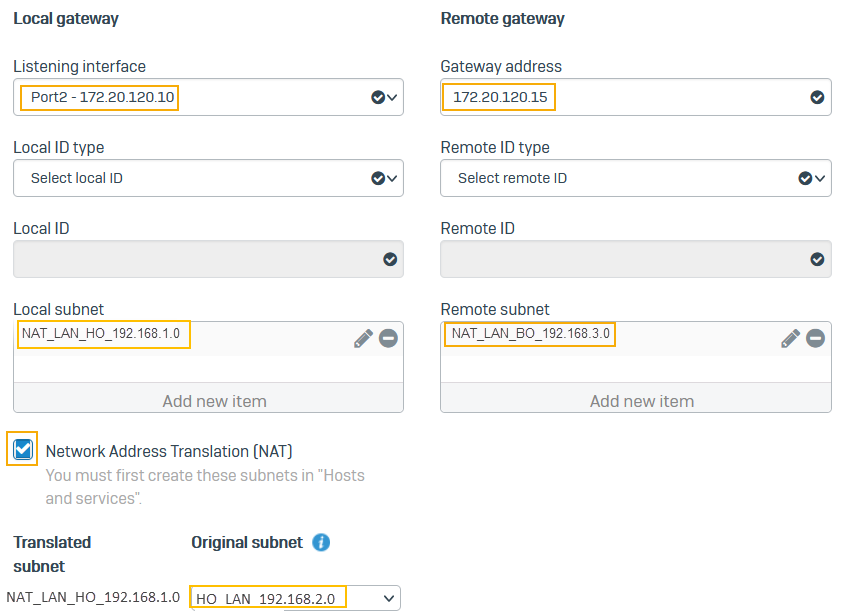Gateway, subnet, and NAT settings in HO.