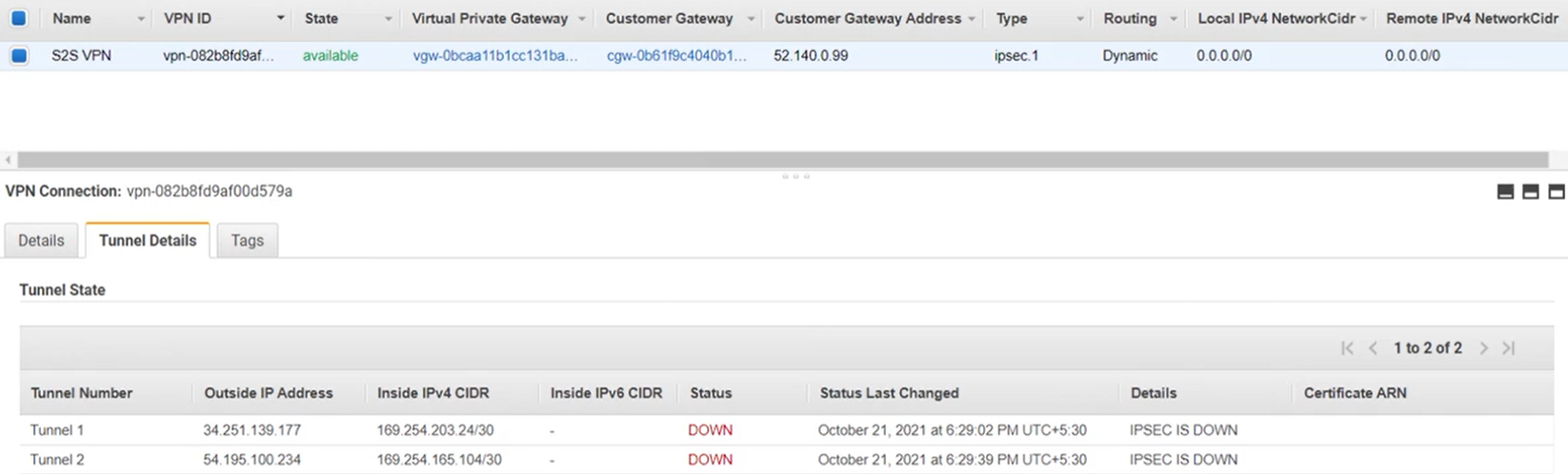 Amazon site-to-site VPN settings.