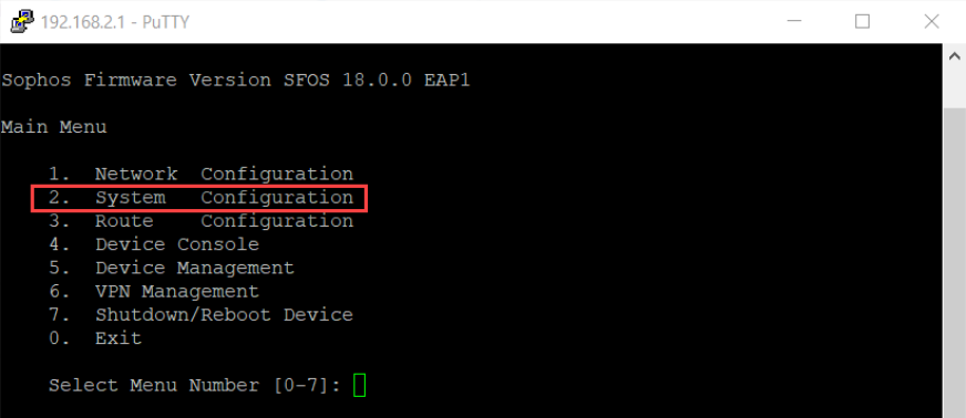 CLI option 2 system configuration.
