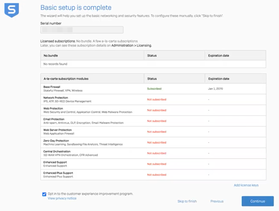 Basic setup is complete page.