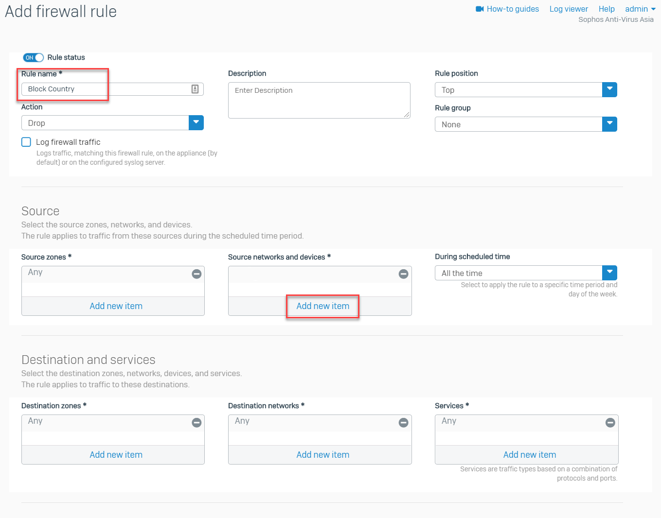 Settings for an example country-based firewall rule.