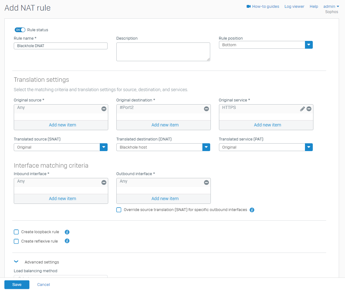 Example settings for a blackhole DNAT rule.