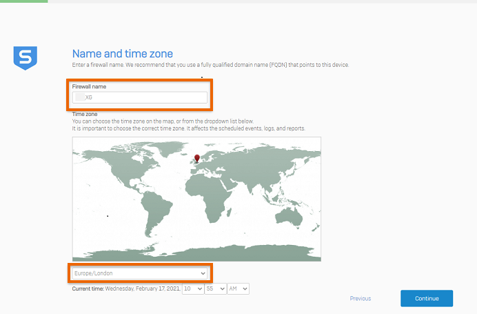 Name and time zone screen.