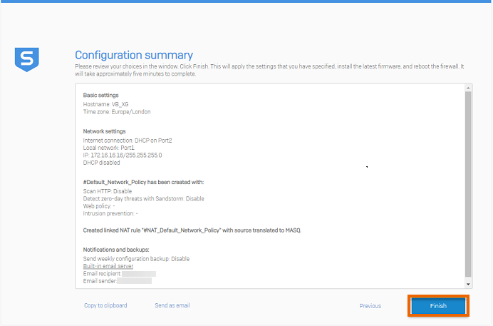 Configuration summary screen.