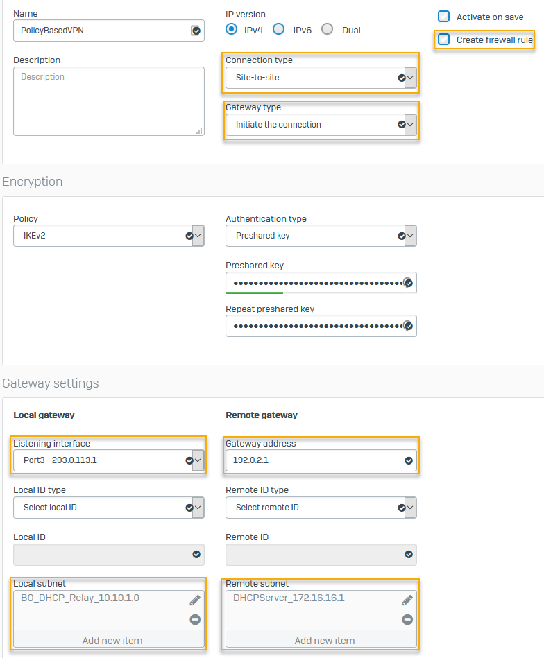IPsec connection at branch office for DHCP relay.