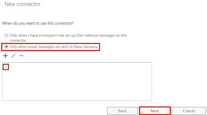 Usage settings for a new connector in Exchange.
