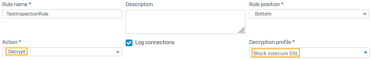 Action and decryption profile in SSL/TLS inspection rules.