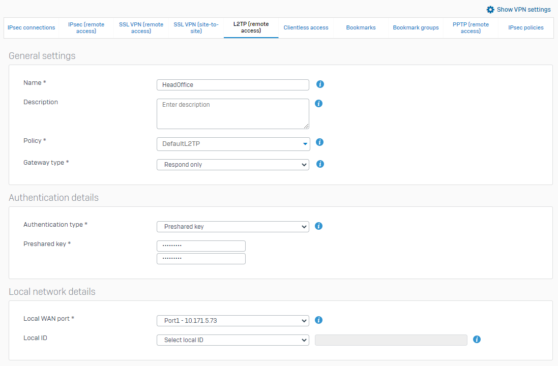 Example L2TP settings.
