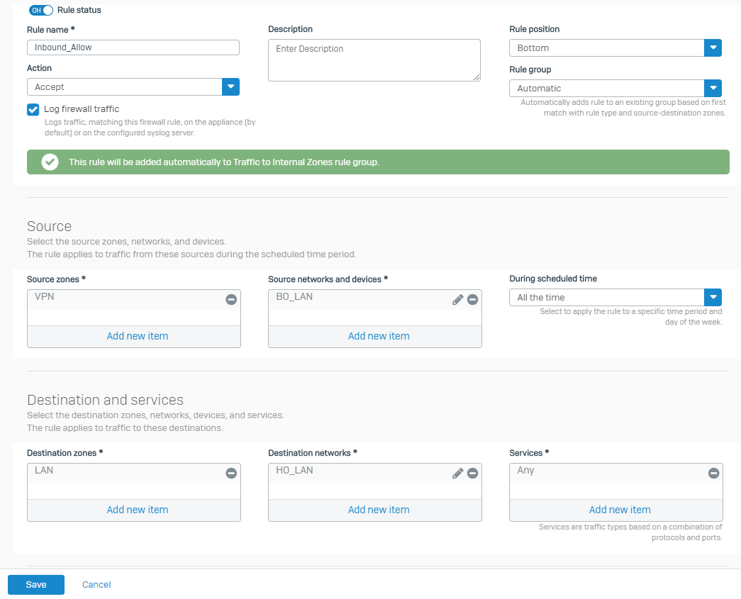 Firewall rule for inbound and outbound traffic.