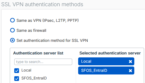 Authentication server set to local and Microsoft Entra ID in SSL VPN authentication methods.