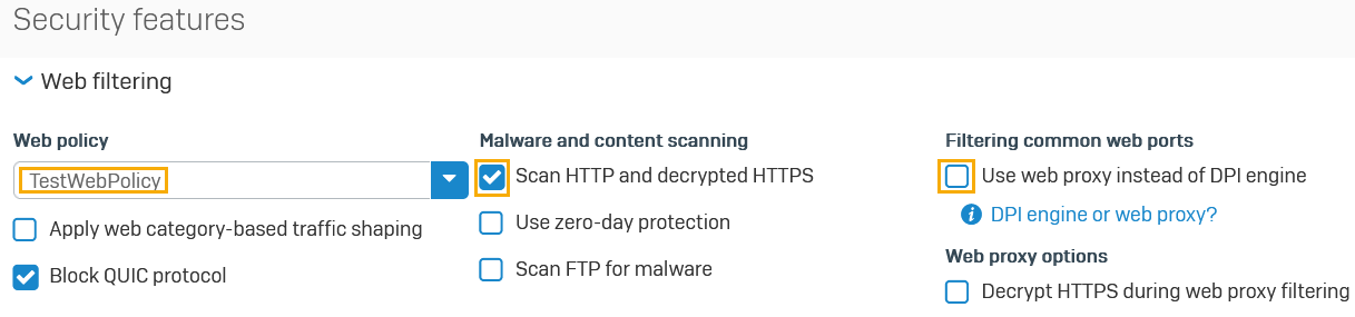 Web filtering settings in firewall rule for DPI mode.