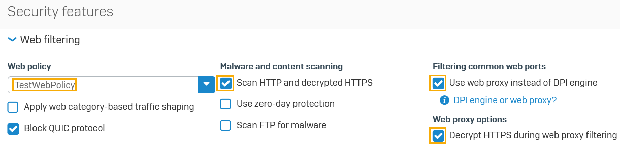 Web filtering settings in firewall rule for web proxy.
